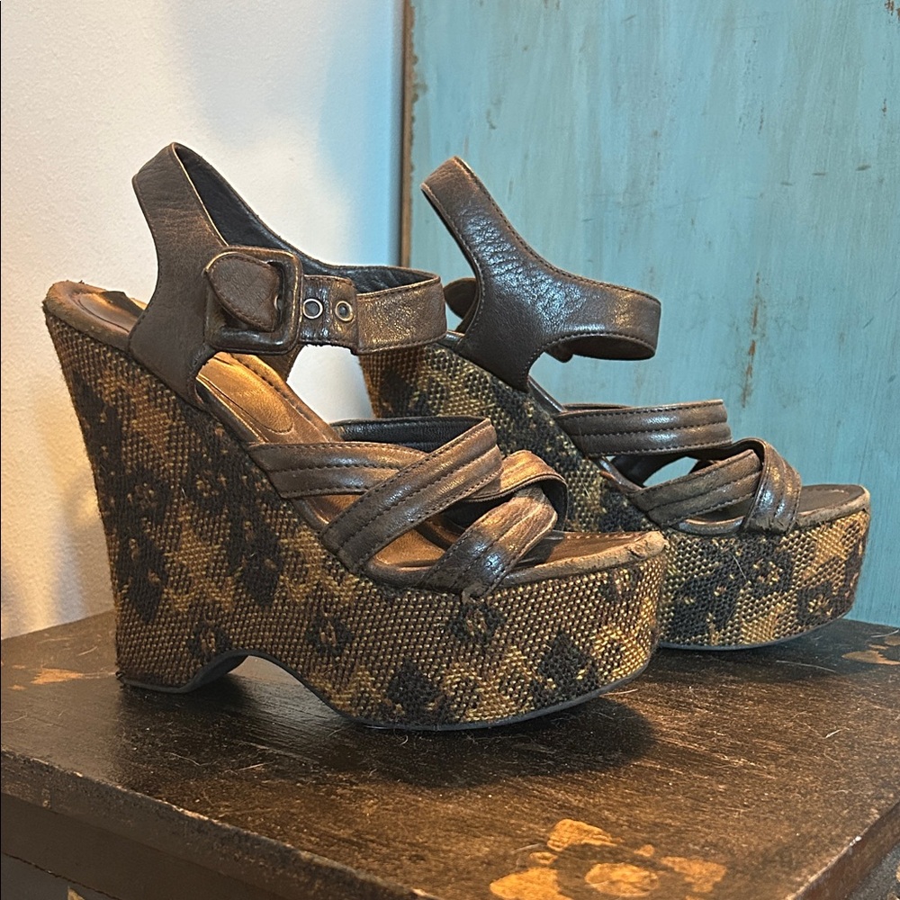 Rare Miu Miu Black & Brown Platform Wedge Sandals